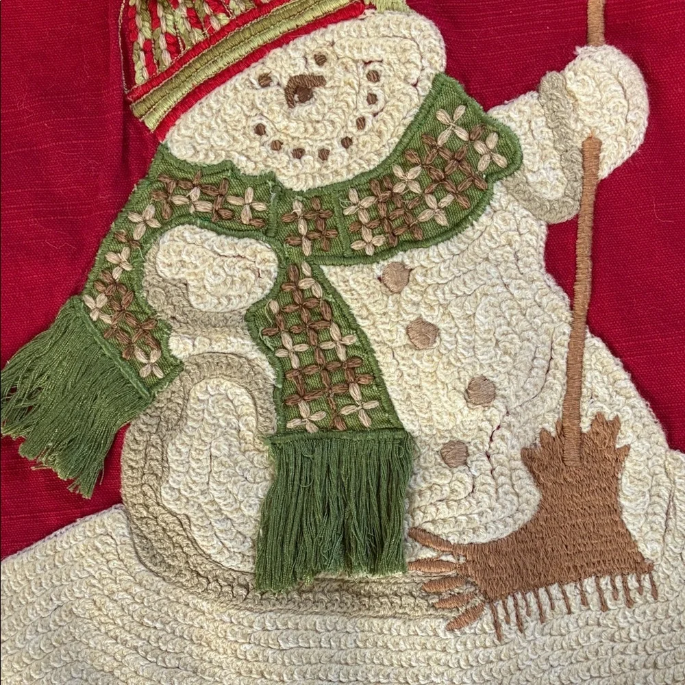 Pottery Barn Festive Red Melting Snowman Crewel Embroidered Pillow Cover 18x18